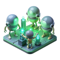 serene vintage A group of nanobots repairing a damaged circuit board, glowing with a soft green light, lit by a focused, microscopic light. Nanotech style high quality png