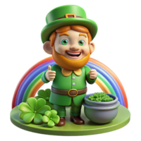 extraordinary minimalist A mischievous leprechaun, with a pot of gold at his feet, hiding amongst a patch of four-leaf clovers, lit by a rainbow. Cartoon style exclusive png