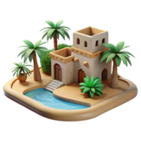 beautiful modern Desert oasis with traditional mud-brick architecture, palm trees, bright sunlight, realistic rendering authentic png
