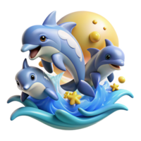 magnificent rustic A group of playful dolphins leaping and spinning through the ocean waves, under a bright, sunny sky, in a joyful, cartoon style professional png