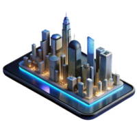 beautiful rustic A futuristic city skyline reflected in a sleek, black smartphone screen, illuminated by the city lights, in a realistic style genuine png