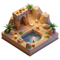 extraordinary traditional A desert oasis with a hidden subterranean dwelling, warm sand tones, soft light, mysterious atmosphere, concept art style authentic png