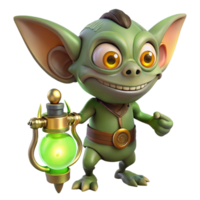 dramatic minimalist A mischievous gremlin, with glowing green eyes, tinkering with a miniature clockwork contraption, lit by the warm glow of a lamp. Cartoon style 4K png