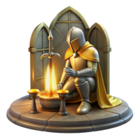 stunning artistic A lone knight kneeling before a mystical altar, holding a holy sword, bathed in a divine, golden light. Medieval fantasy, painting style authentic png