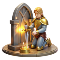 beautiful traditional A lone knight kneeling before a mystical altar, holding a holy sword, bathed in a divine, golden light. Medieval fantasy, painting style authentic png