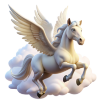 elegant rustic A graceful pegasus, with wings of pure white, soaring through a cloudy sky, lit by the rays of the sun. Romantic painting style professional png