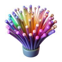 beautiful artistic A network of fiber optic cables transmitting data, each cable glowing with a different color, lit by a dynamic, shifting light. Abstract style authentic png
