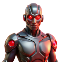 extraordinary traditional A cybernetically enhanced human, with glowing red eyes and metallic implants, stands defiantly against a backdrop of digital noise. Biopunk style professional png