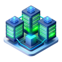 extraordinary modern A futuristic data center, servers glowing with blue and green LEDs, complex network cables connecting everything, isometric perspective, technical illustration style high quality png