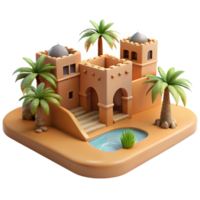 elegant rustic Desert oasis with traditional mud-brick architecture, palm trees, bright sunlight, realistic rendering high quality png