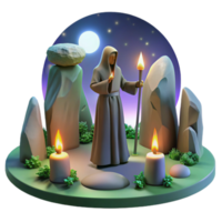 serene traditional A mysterious druid performing a ritual, surrounded by standing stones, lit by the ethereal glow of the full moon. Celtic mythology, painting style exclusive png