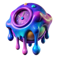 vibrant rustic A melting clock dripping with vibrant, fluorescent paint, against a backdrop of swirling cosmic nebulae, in a surrealist style, professional png