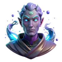 impressive contemporary Portrait of a mystical being with glowing eyes and an otherworldly aura, surrounded by swirling particles, digital art style high quality png