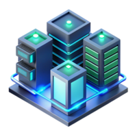 stunning artistic A futuristic data center, servers glowing with blue and green LEDs, complex network cables connecting everything, isometric perspective, technical illustration style detailed png