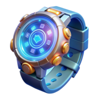 serene rustic A futuristic wristwatch displaying holographic information, intricate details and glowing icons visible, lit by a soft blue light. Sci-Fi style detailed png