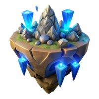 stunning contemporary A floating island composed of earth and rock, held aloft by glowing blue runes, illuminated by sunlight, in a high fantasy art style original png