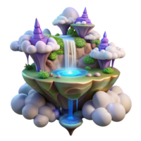 magnificent abstract A floating island surrounded by swirling clouds and waterfalls of light, vibrant colors, fantasy art style professional png