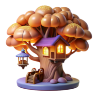 vibrant abstract A whimsical treehouse nestled among the branches of a giant glowing tree, with intricate details, warm, inviting light. Fantasy art style premium png
