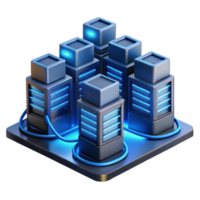 dramatic classic A futuristic data center with rows of servers and glowing cables, complex network infrastructure, cool blue lighting, technical illustration style 4K png