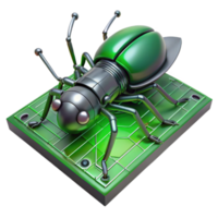 wonderful artistic A robotic insect crawling on a circuit board, metallic and electronic textures contrasted, lit by a green, circuit board light. Cyberpunk style authentic png