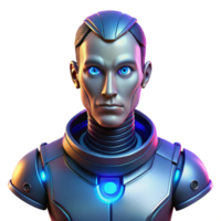 elegant contemporary Portrait of a futuristic android with sleek metallic features, glowing eyes, and a stoic expression, lit by neon lights, in a cyberpunk art style high resolution png