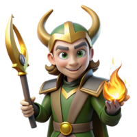 beautiful minimalist A cunning Loki, the Norse trickster god, with a mischievous grin, holding a flaming sword, illuminated by flickering firelight. Norse style premium png