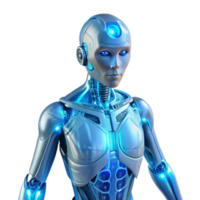 extraordinary artistic A transparent humanoid android with glowing circuitry, intricate internal mechanisms visible, ethereal blue backlighting, futuristic style authentic png