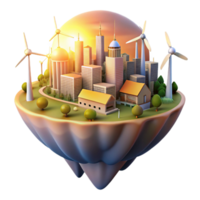 elegant abstract A floating island city powered by wind turbines and solar panels, bathed in the warm glow of sunrise, in a utopian style professional png