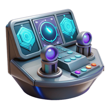 lugn kreativ en trogen kontrollera panel med lysande knappar och holografiska skärmar, komplex data strömmar synlig, i en vagt belyst rum professionell png