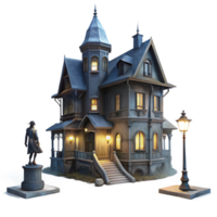 impressive rustic A decaying Victorian mansion, shrouded in thick fog, lit by a single flickering gas lamp in the hallway, with a shadowy figure lurking in the distance. Greg Rutkowski style detailed png