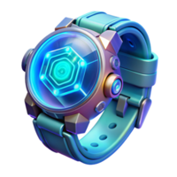 stunning rustic A futuristic wristwatch displaying holographic information, intricate details and glowing icons visible, lit by a soft blue light. Sci-Fi style exclusive png