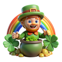 impressive creative A mischievous leprechaun, with a pot of gold at his feet, hiding amongst a patch of four-leaf clovers, lit by a rainbow. Cartoon style genuine png
