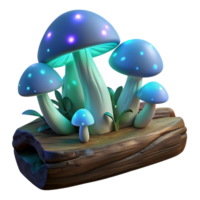 wonderful abstract Luminous bioluminescent mushrooms growing on a fallen log, dark forest setting, magical, fantasy art style, authentic png