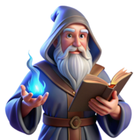 beautiful creative A wise old wizard with a long white beard and twinkling blue eyes, casting a spell with glowing runes, in a dusty library. Renaissance painting style, warm lighting high quality png