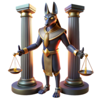 elegant vintage An enigmatic Anubis, with the head of a jackal, holding the scales of justice, in a dimly lit temple, illuminated by flickering torches. Egyptian art style high resolution png