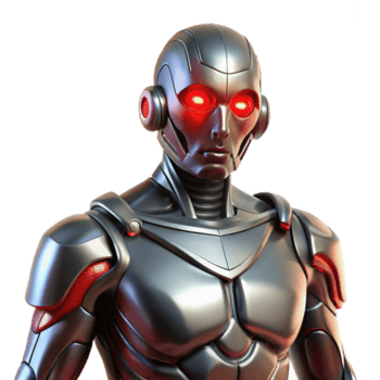 dramatic abstract A cybernetically enhanced human, with glowing red eyes and metallic implants, stands defiantly against a backdrop of digital noise. Biopunk style authentic png