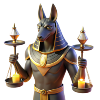 magnificent creative An enigmatic Anubis, with the head of a jackal, holding the scales of justice, in a dimly lit temple, illuminated by flickering torches. Egyptian art style genuine png