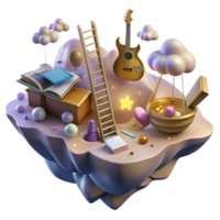 wonderful traditional A floating island composed of books and musical instruments, connected by ladders of light, under a nebula sky. Digital painting style original png