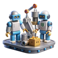 serene rustic A group of robots, with diverse designs and functions, work together in a futuristic factory. Industrial lighting high resolution png