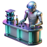 extraordinary rustic A robotic bartender polishing glasses in a futuristic bar, neon signs reflecting in the chrome surfaces, a sense of loneliness and isolation authentic png
