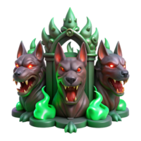 magnificent modern A three-headed Cerberus, each head a different shade of fiery red, guarding a gate of polished obsidian, illuminated by ethereal green flames. Dark fantasy style high quality png