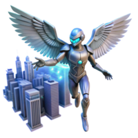serene minimalist A cyborg with bird wings flying over a futuristic city, dynamic lighting, freedom, fantasy style exclusive png