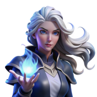 stunning creative Portrait of a powerful sorceress with flowing white hair and glowing hands, lit by magical energy, in a digital painting style premium png