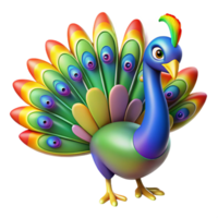 beautiful artistic A proud peacock displaying its vibrant tail feathers, illuminated by a dazzling, rainbow light, rendered in a majestic, Art Deco cartoon style detailed png