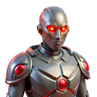 dramatic minimalist A cybernetically enhanced human, with glowing red eyes and metallic implants, stands defiantly against a backdrop of digital noise. Biopunk style exclusive png