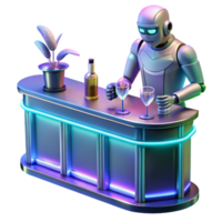 impressive creative A robotic bartender polishing glasses in a futuristic bar, neon signs reflecting in the chrome surfaces, a sense of loneliness and isolation high resolution png