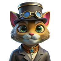 impressive minimalist A portrait of a steampunk cat wearing goggles and a tiny top hat, illuminated by a warm, inviting light. Vintage illustration style exclusive png