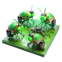 dramatic artistic A group of miniature, insect-like robots swarming over a circuit board, lit by the green glow of LEDs, in a macro photography style professional png
