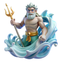 serene rustic Poseidon, god of the sea, wielding a trident crafted from coral and pearls, waves crashing around him, dynamic pose, romanticism style high resolution png