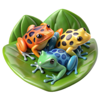 impressive vintage A group of colorful poison dart frogs clustered on a large leaf, rainforest setting, vibrant and detailed high quality png